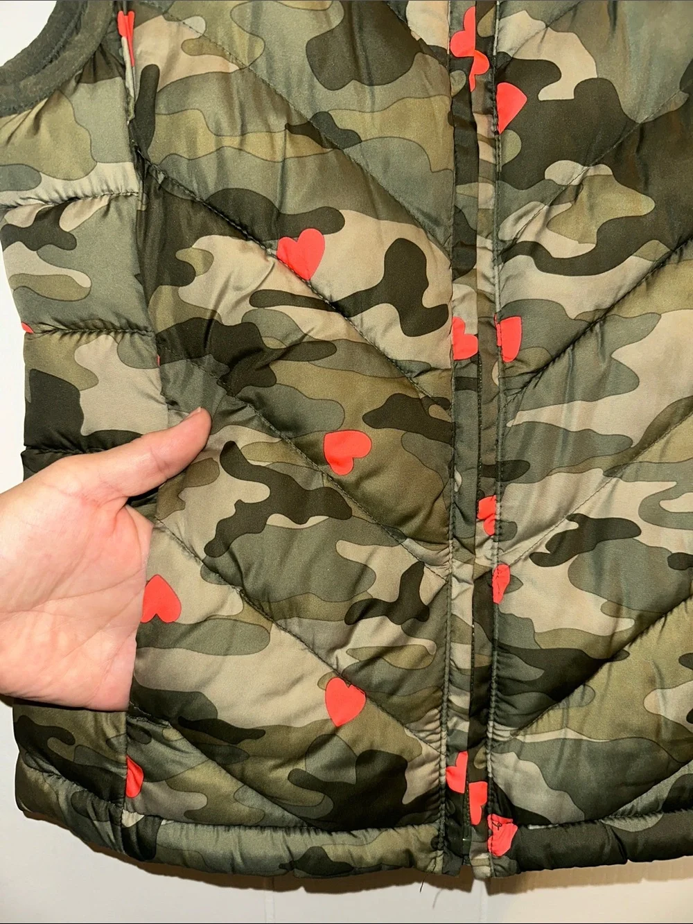 GAP Olive Green Camo Puffer Vest with Red Heart Accents